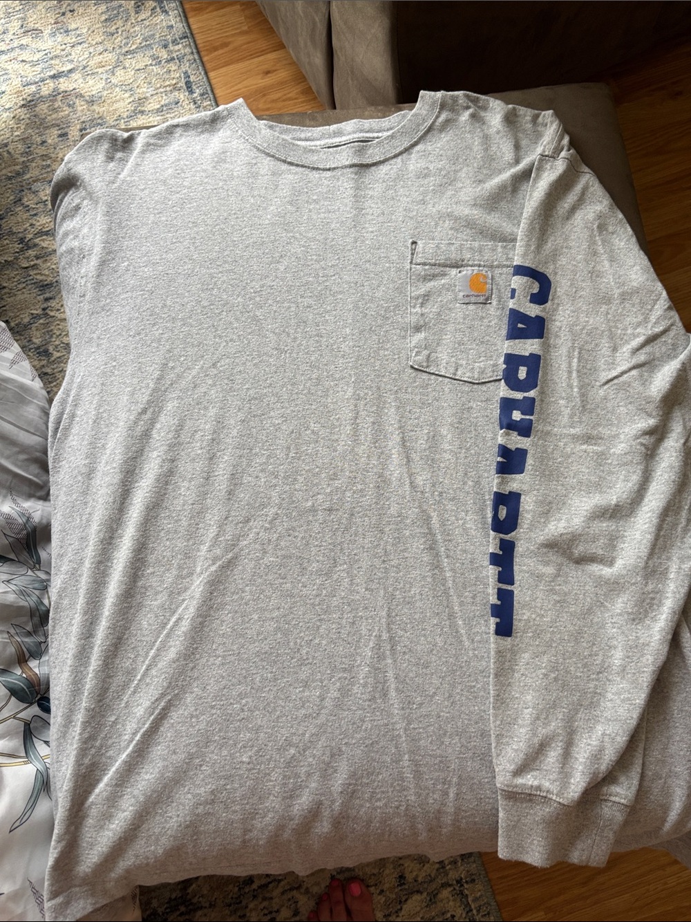Carhartt Gray Long-Sleeve Pocket Tee with Blue Sleeve Logo